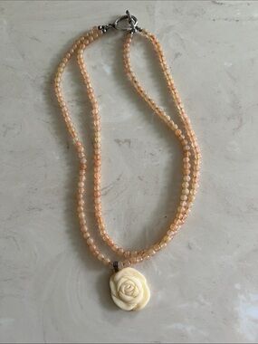 Handcrafted Peach Bead Necklace with Cream Rose Pendant